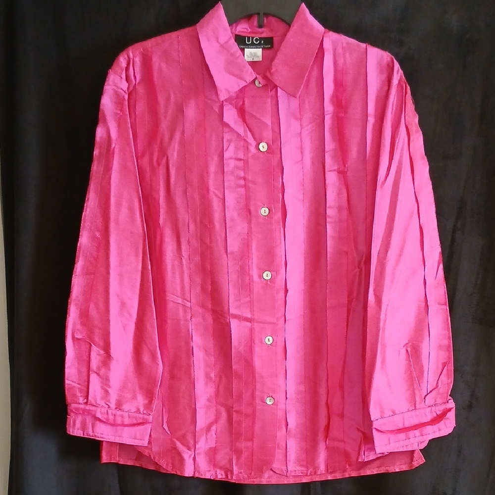 UC 2 Under Construction Silk Hot Pink Button-Up Shirt Women's Petite Medium